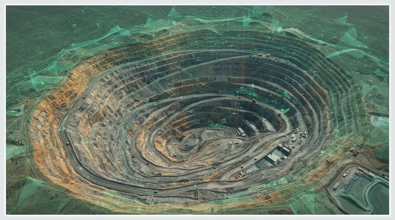 Orthographic view of a Mongolian open-pit mine with emerald data overlay prisms showing digital infrastructure