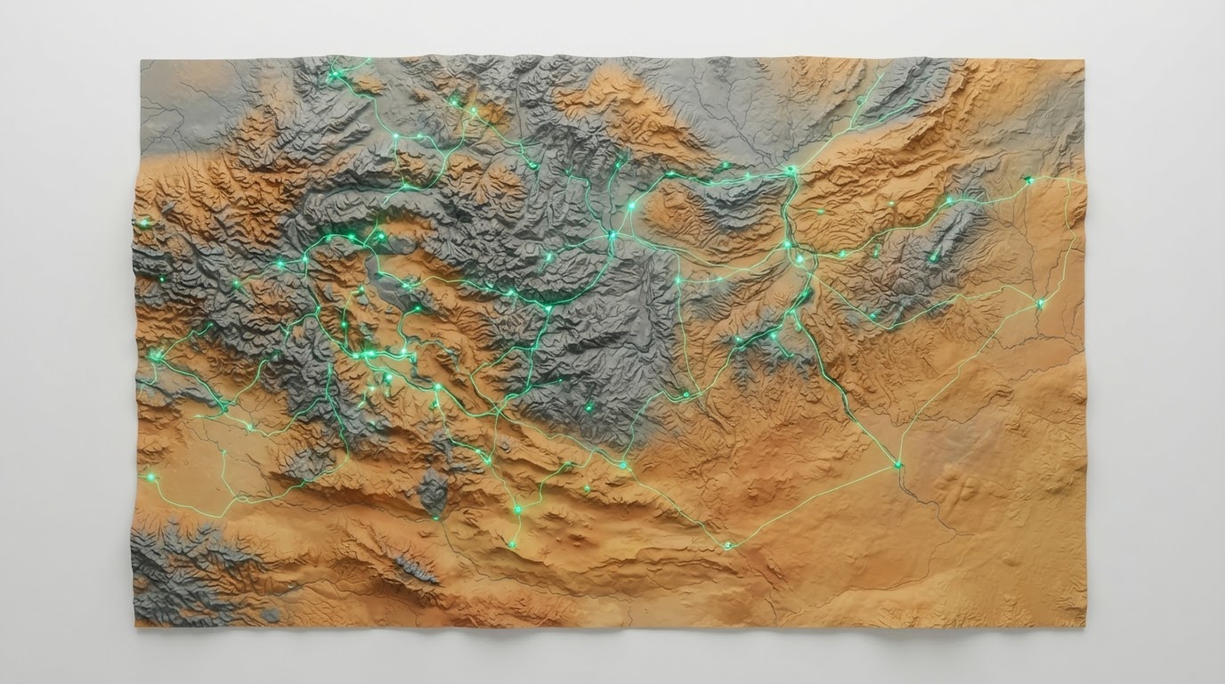 3D topographical map of Mongolian mining regions with emerald connectivity paths