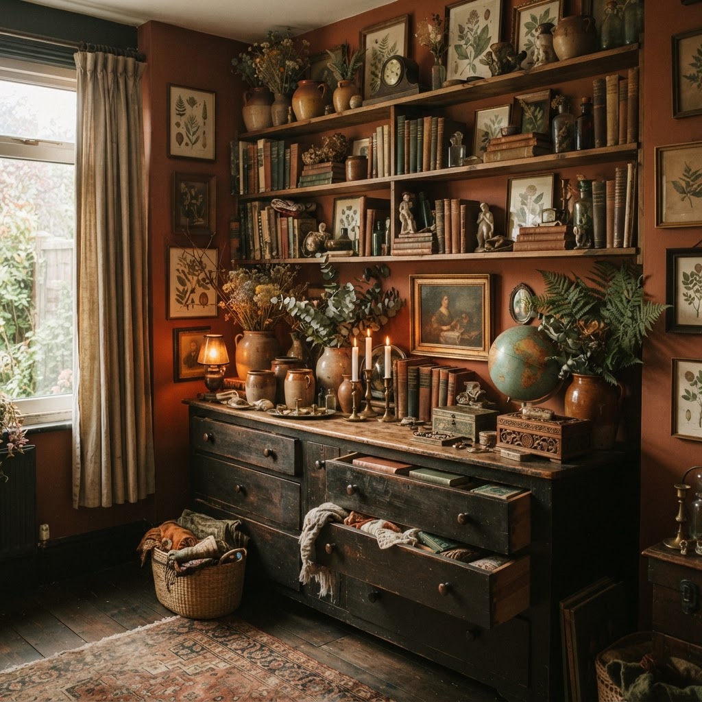 Styled room in rich warm colours with vintage trinkets