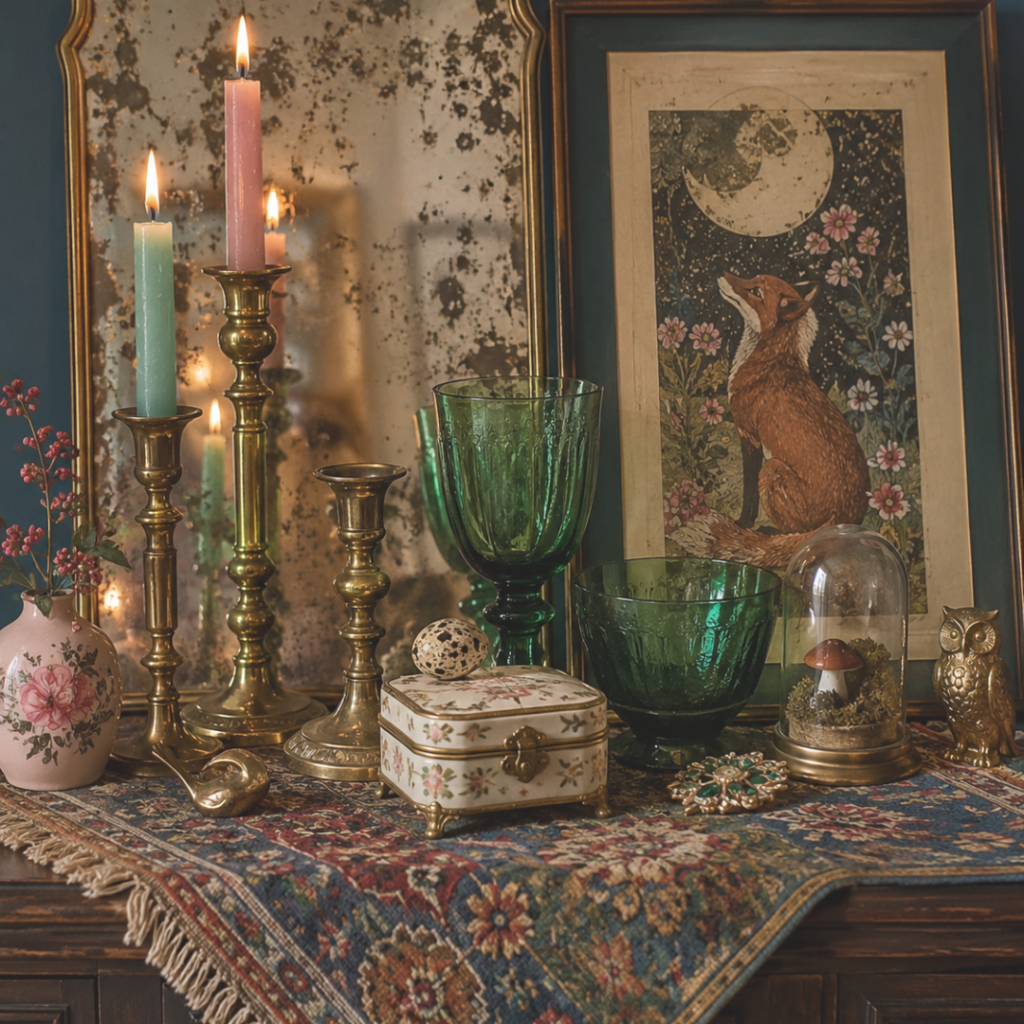 Vintage still life with candles, emerald glass and botanicals