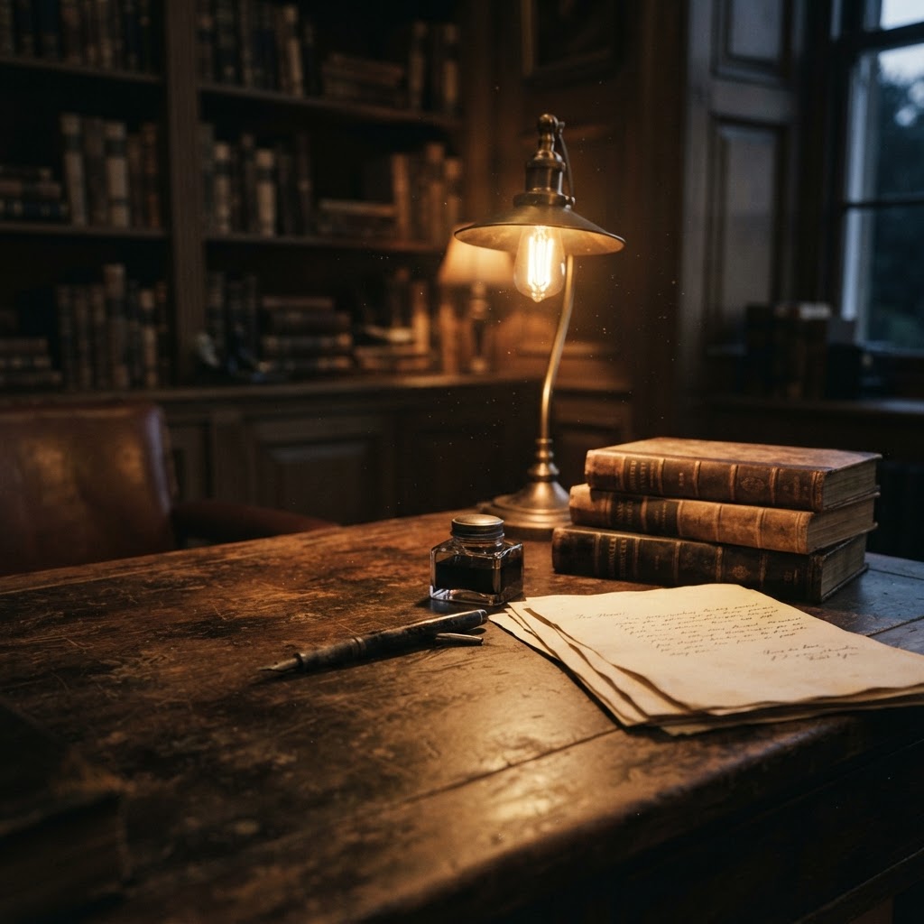Vintage desk with books and brass lamp in a dim study