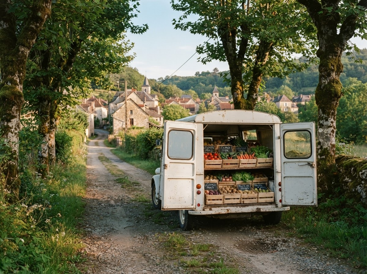 Camionnette de livraison sur une route de campagne avec des caisses de produits frais