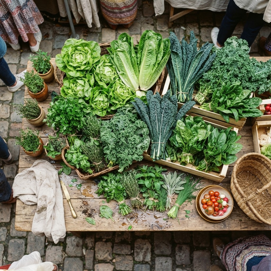 Légumes frais du village — tomates, courgettes, carottes sur table en bois