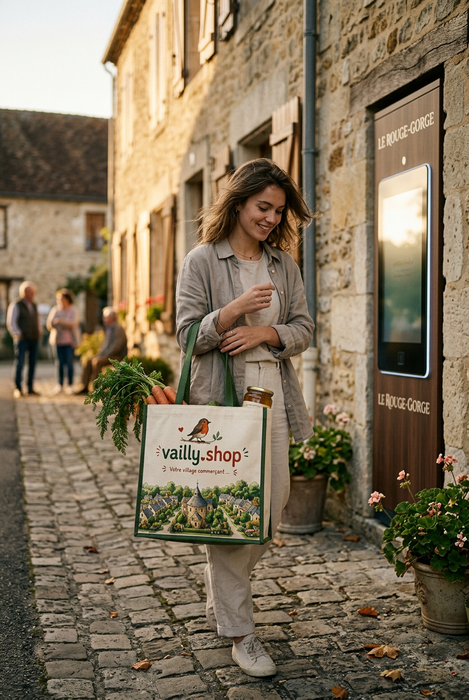 Membre du village portant un sac vailly.shop devant les casiers Rouge-Gorge