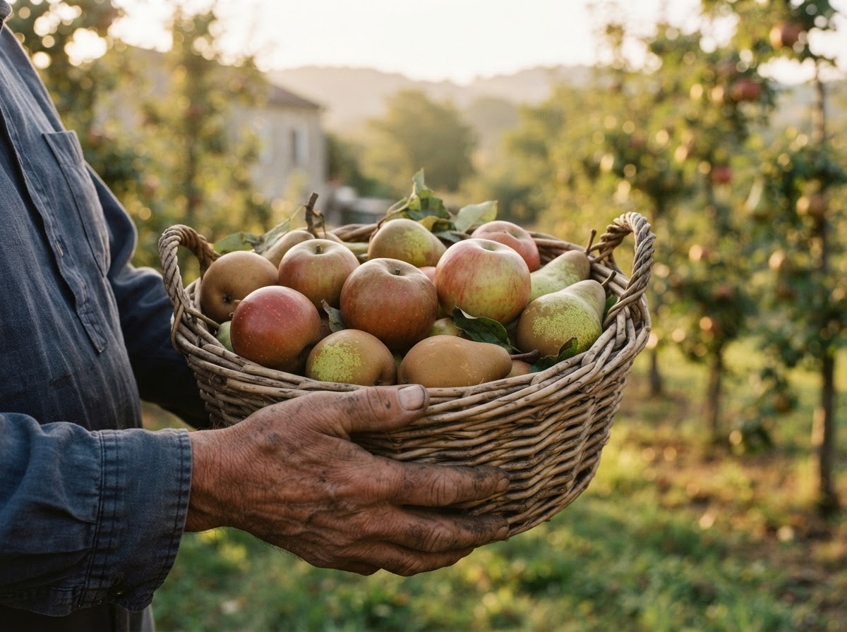 Mains de producteur tenant un panier de pommes et poires fraîchement cueillies