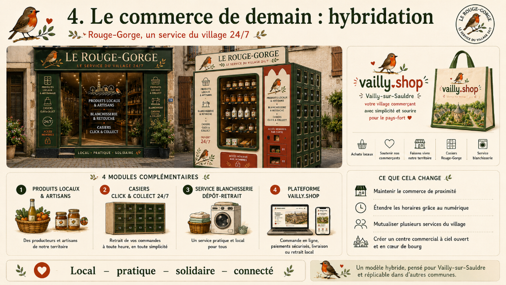 Casiers en bois verts dans la place du village pour le retrait des commandes