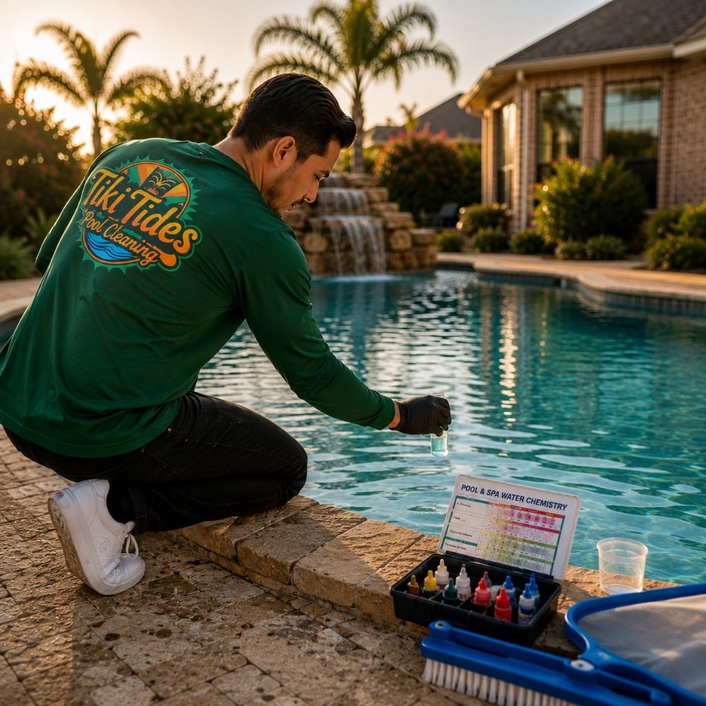 Friendly Tiki Tides Pools technician servicing a backyard pool
