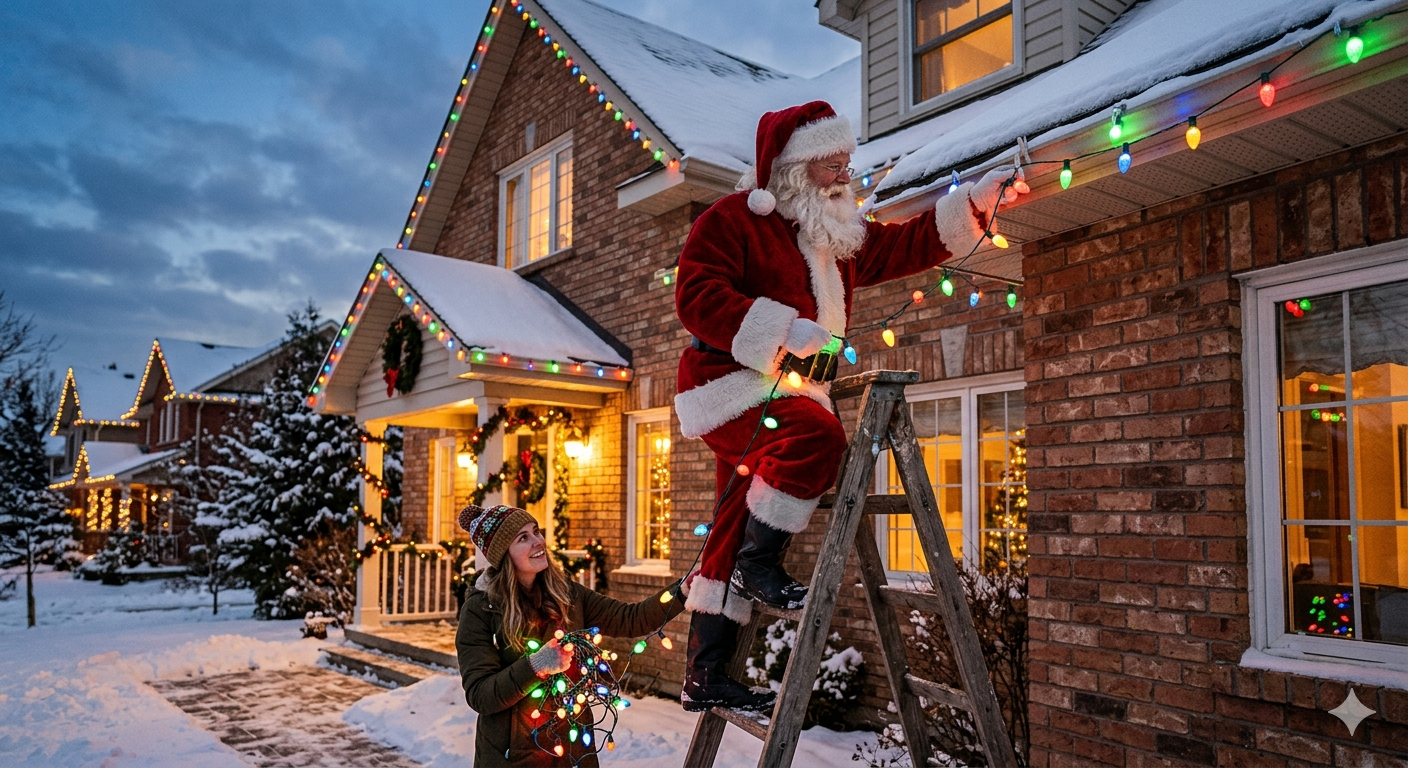 Santa and helper decorating a brick home with Christmas lights