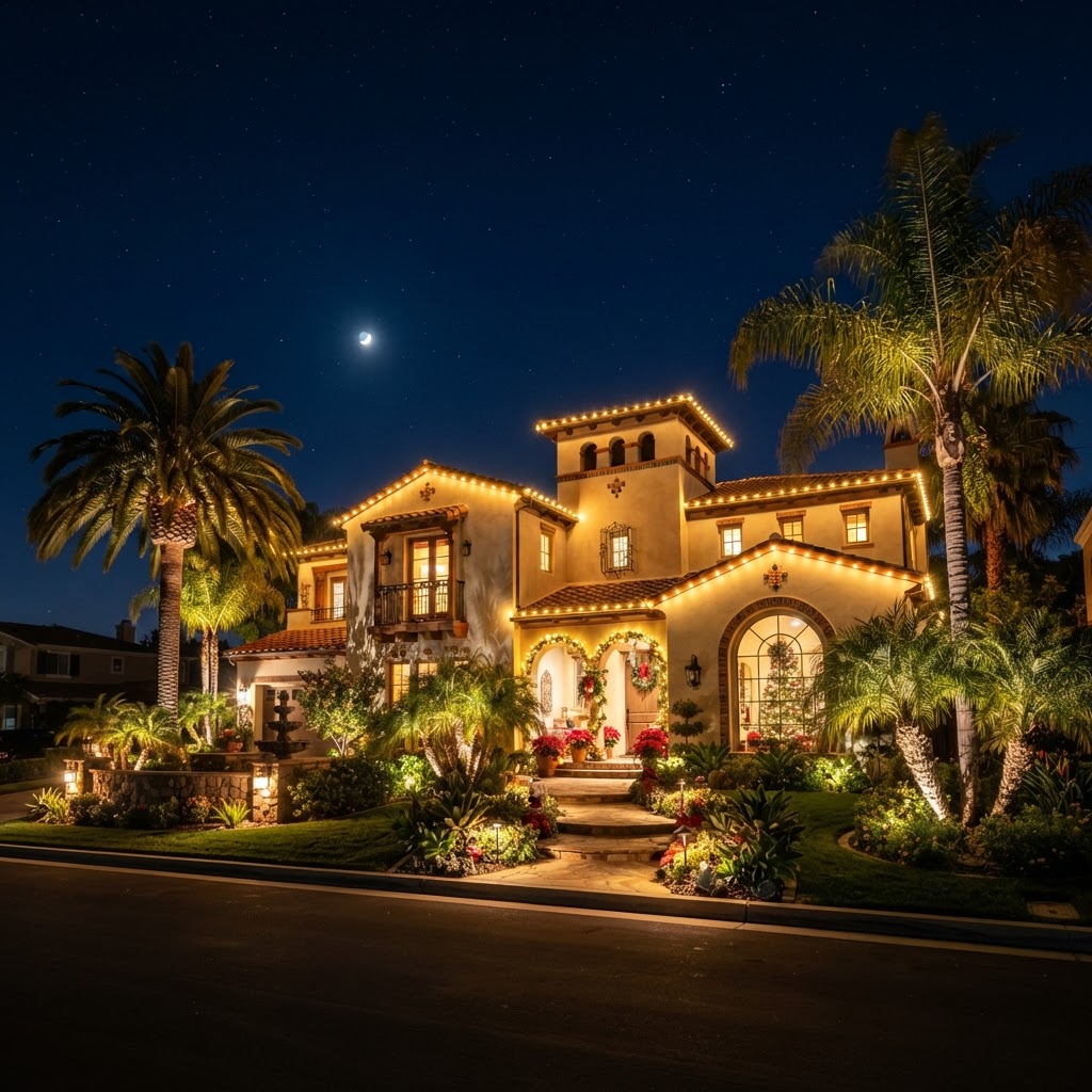 Spanish Colonial Revival home with classic C9 Christmas lights
