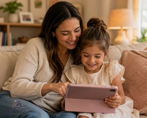 A parent and child reading an Aventales story together