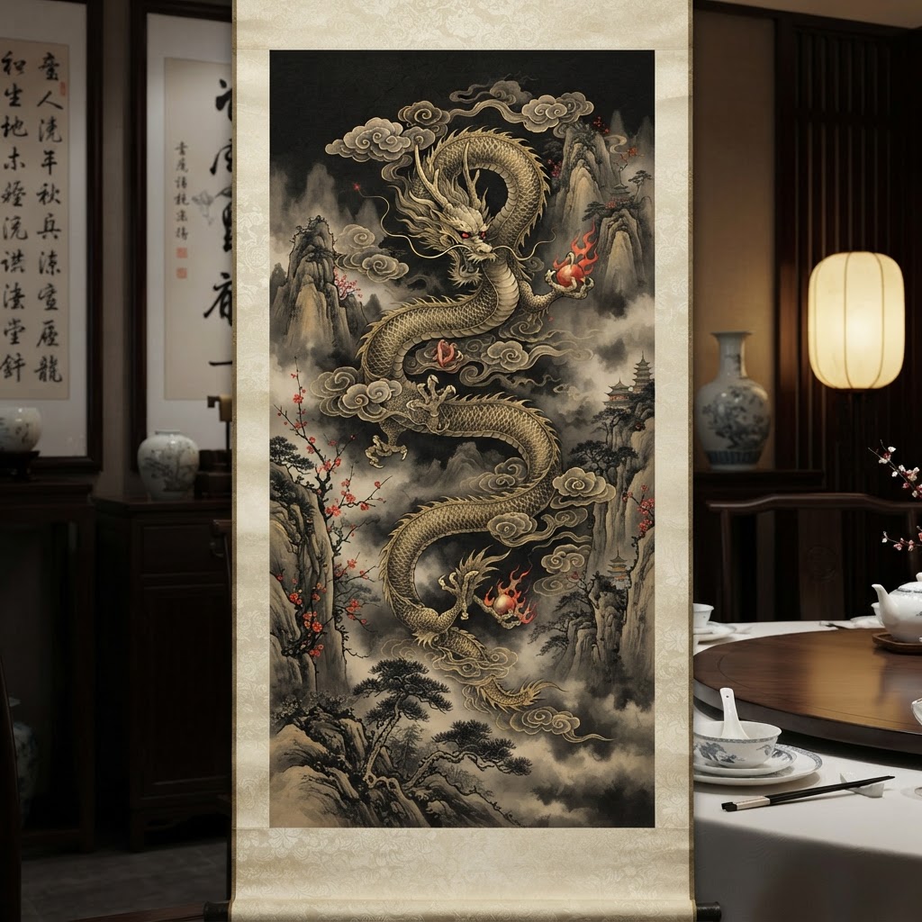 Dragon chinois doré dans les montagnes brumeuses