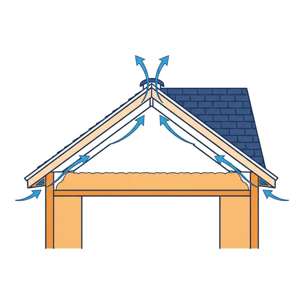 Illustration of a roof and attic with air entering through soffit intake vents and leaving through a roof exhaust vent