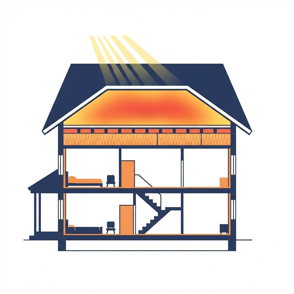 Cutaway illustration of a house showing sunlight heating the roof, heat building up in the attic, and the living space below