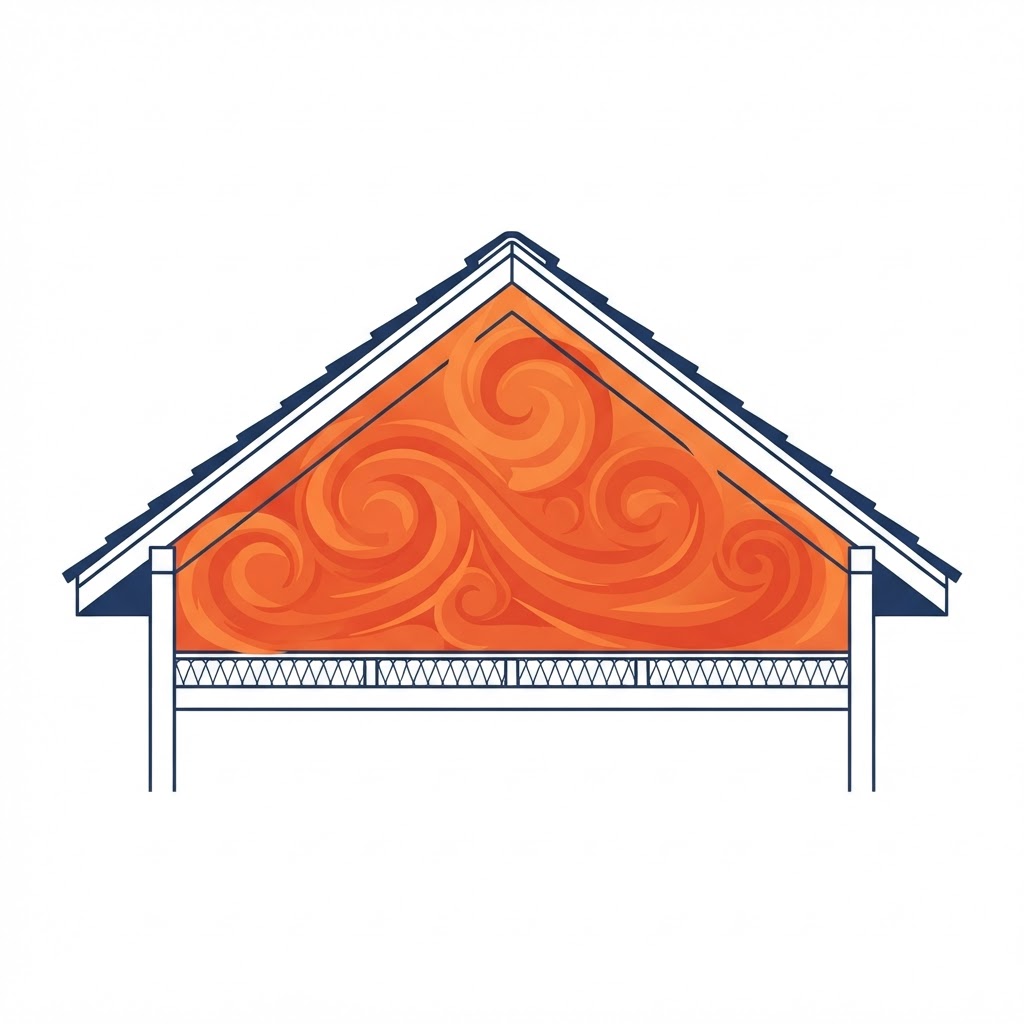 Illustration of a roof and attic with warm air accumulating inside and limited intake airflow