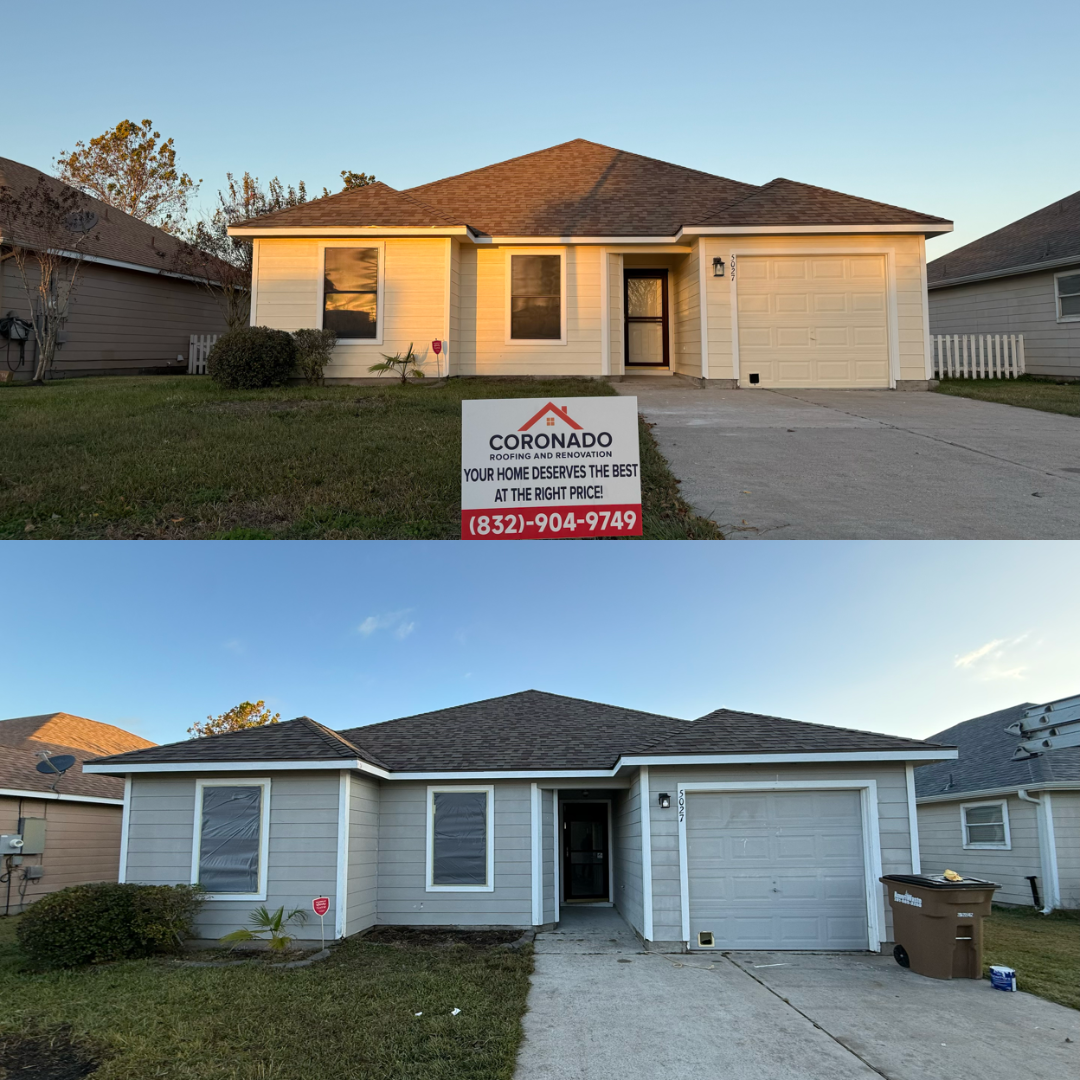 Before and after of a Houston home exterior renovation by Coronado Roofing & Renovation