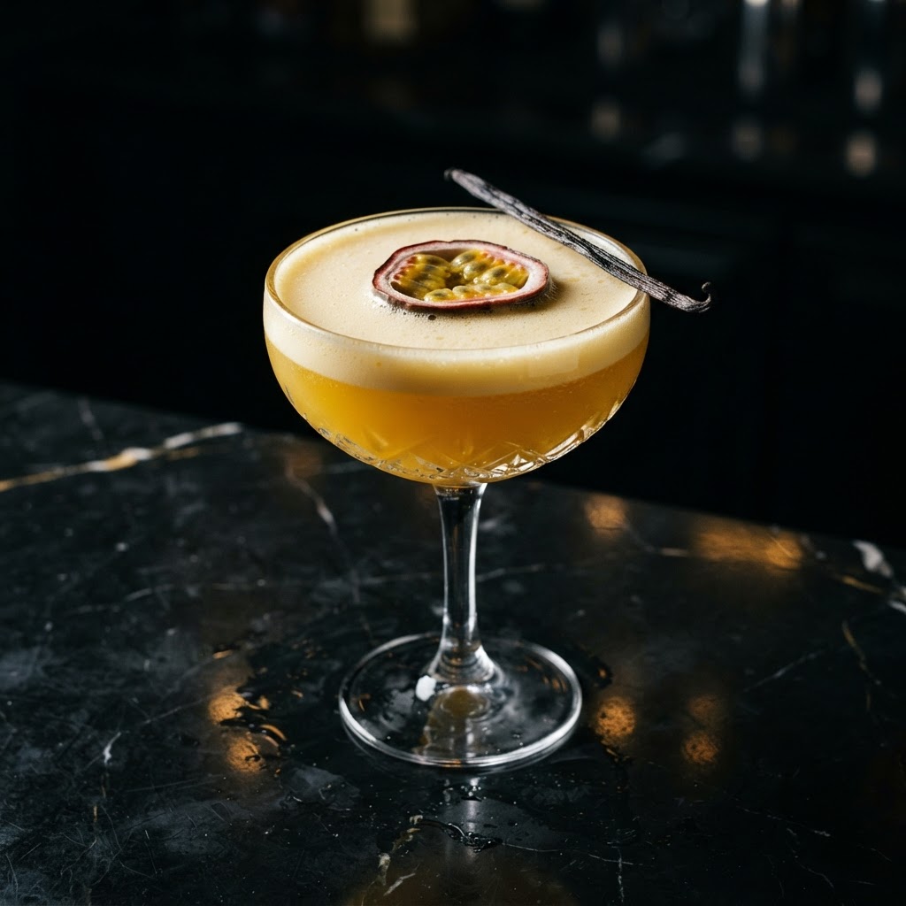 Pornstar Martini garnished with a vanilla bean — passionfruit and vanilla vodka with a prosecco sidecar