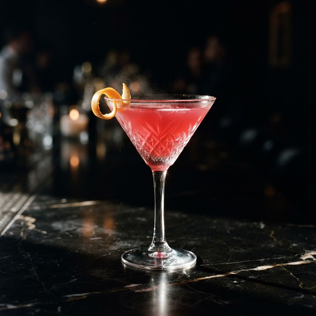 Cosmopolitan cocktail with citrus vodka, cranberry and a curled orange peel garnish