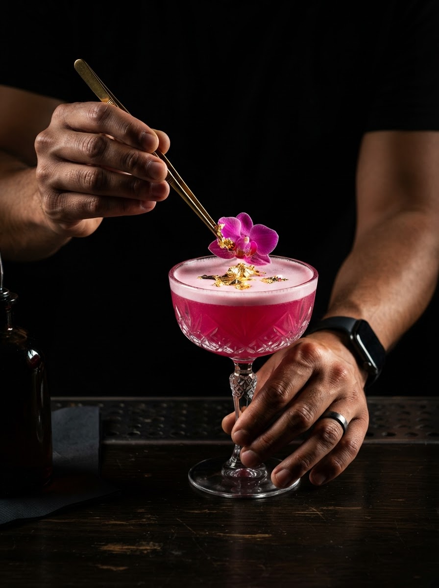 Bartender adding an orchid and gold-flake garnish to a luxury cocktail