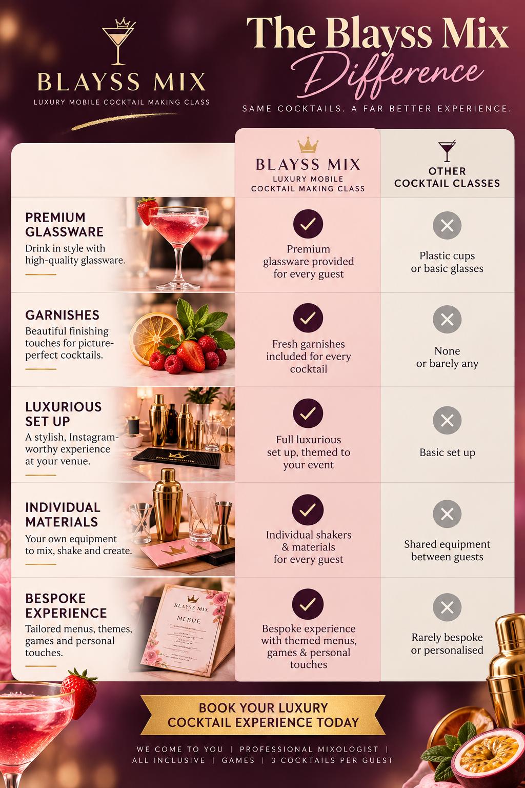 Infographic: The Blayss Mix Difference compared with other cocktail classes — premium glassware, fresh garnishes, luxurious setup, individual materials and a bespoke experience