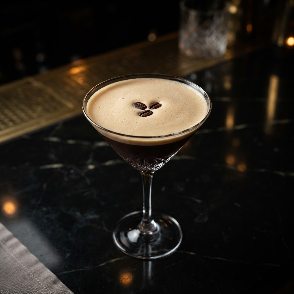 Espresso Martini topped with three coffee beans — fresh espresso, coffee liqueur and vanilla vodka