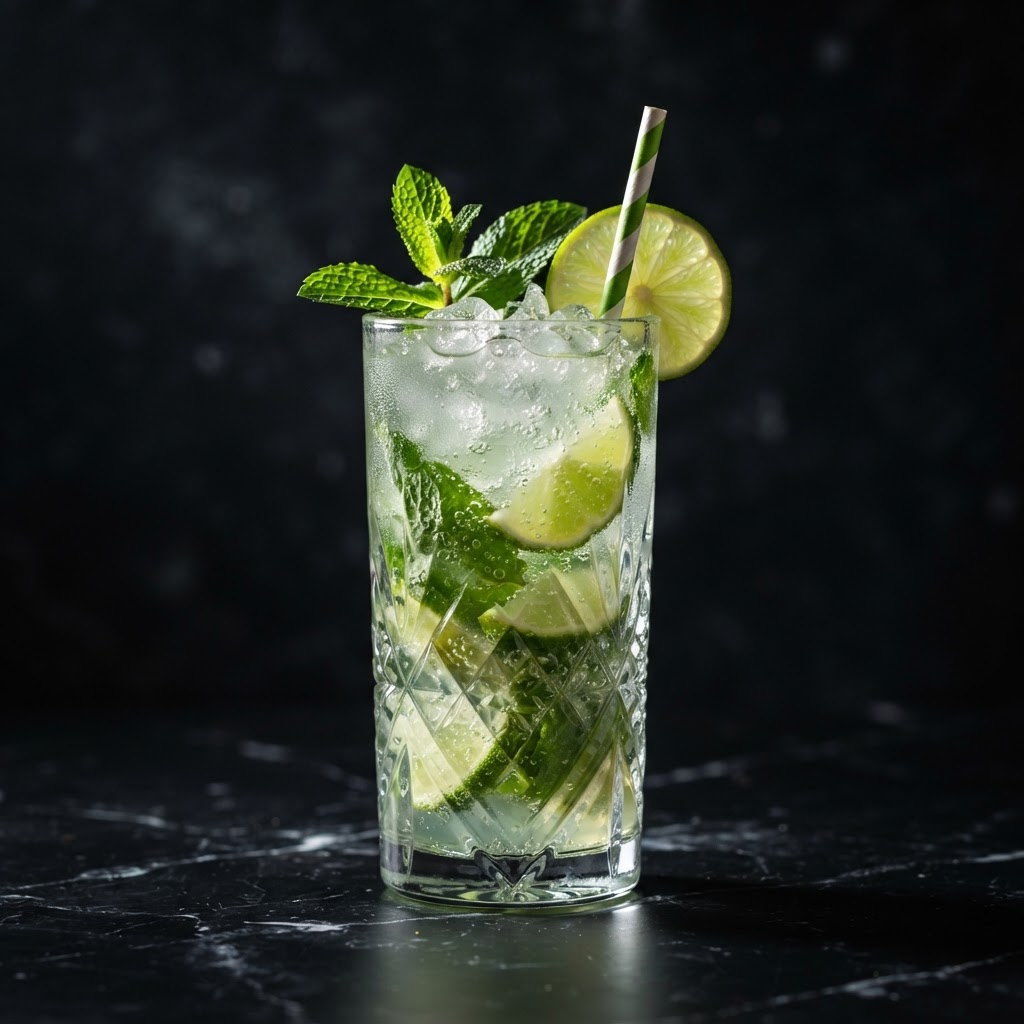 Fresh mojito with mint leaves and lime wedges in a tall glass