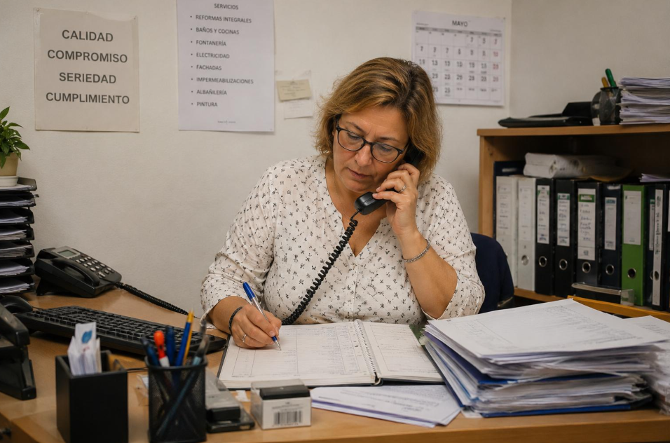 Administrativa gestionando incidencias en la oficina