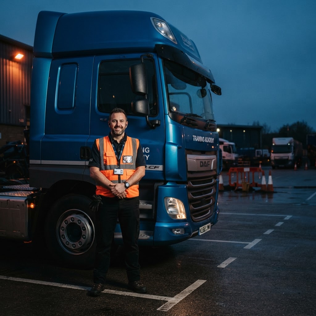 Professional LGV/HGV driver standing beside a commercial lorry at a UK training yard