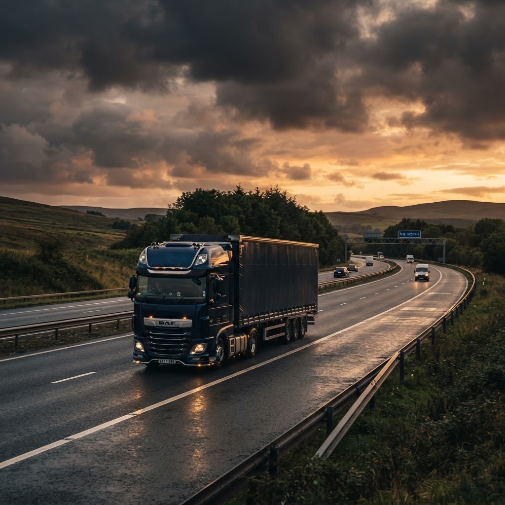 Professional HGV articulated lorry driving on a UK motorway