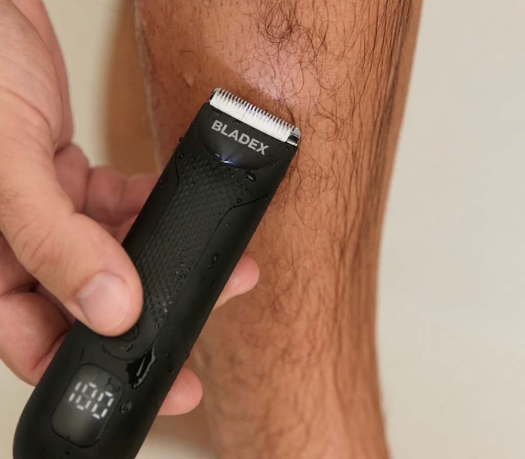 Trimmer en acción sobre la piel con gotas de agua