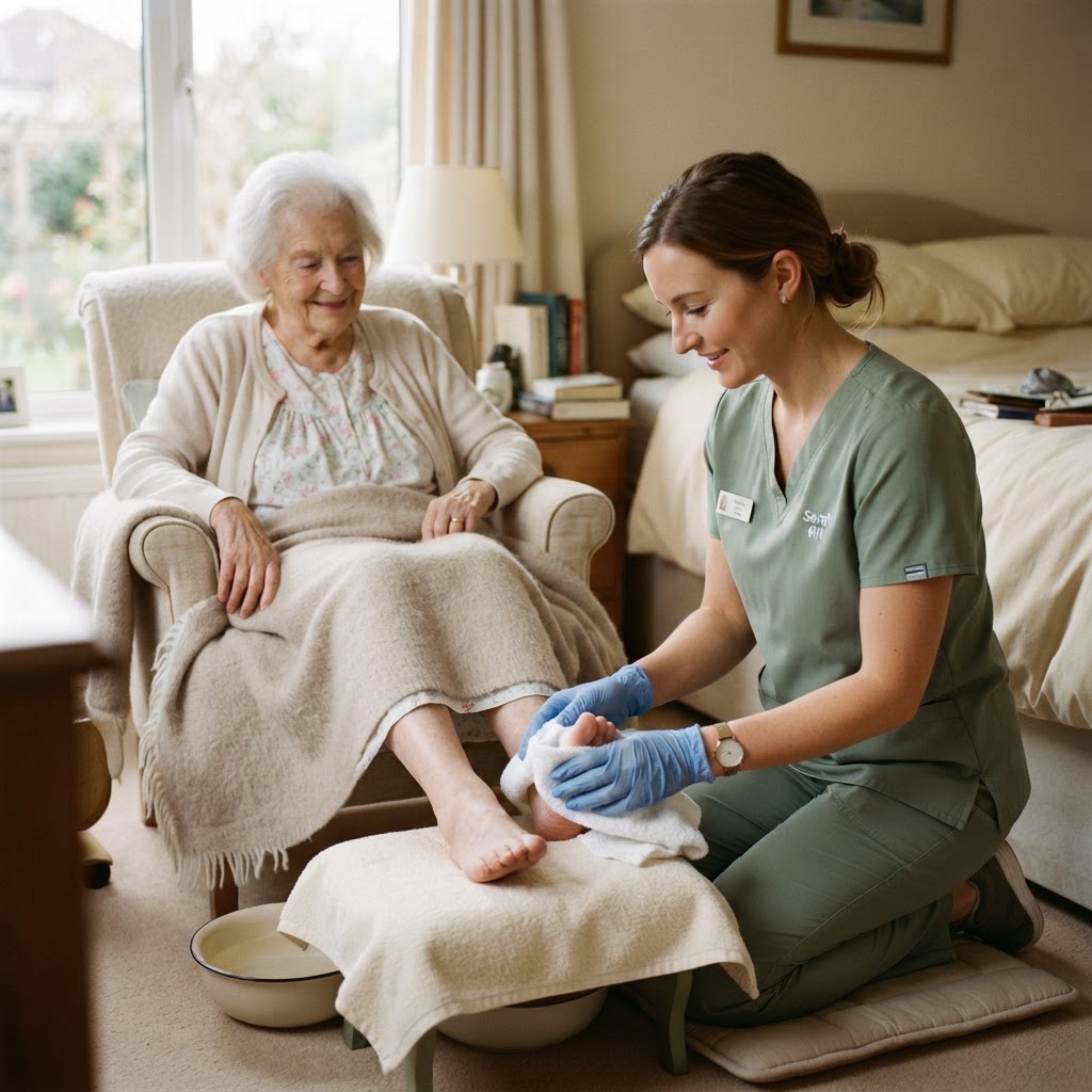 Compassionate nurse providing gentle foot care to an elderly patient at home