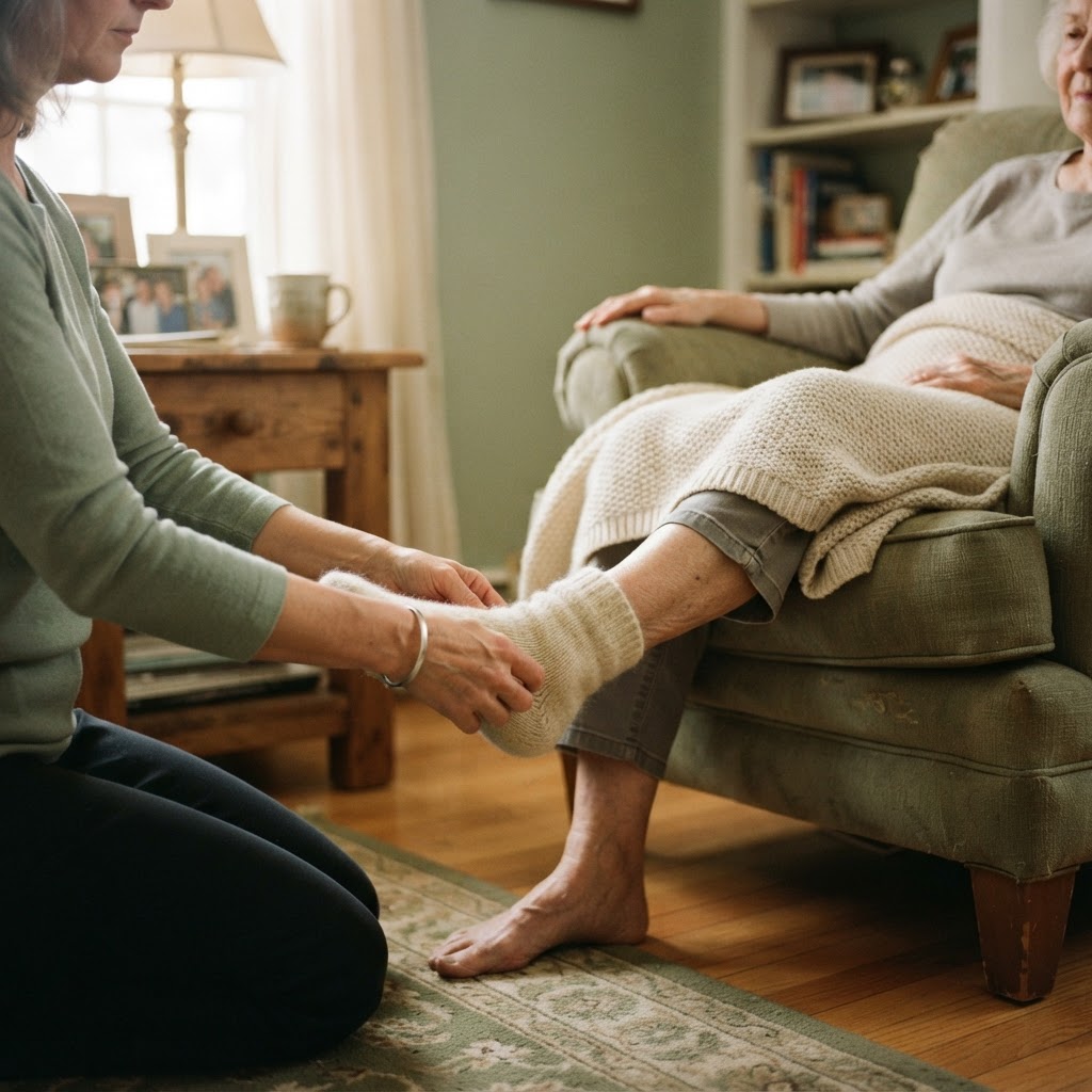 A family caregiver helping an aging parent with gentle daily foot care at home (placeholder image to replace)