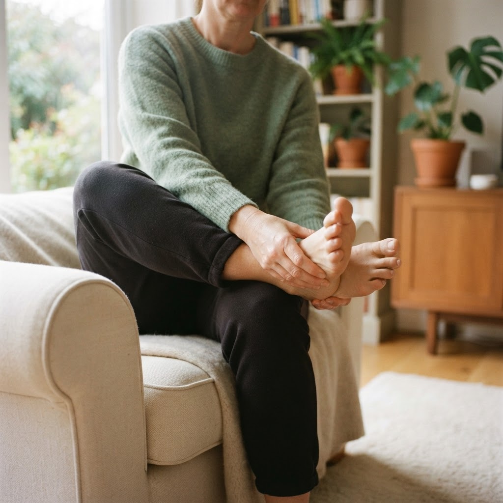 A person checking their feet as part of a daily diabetic foot care routine at home (placeholder image to replace)