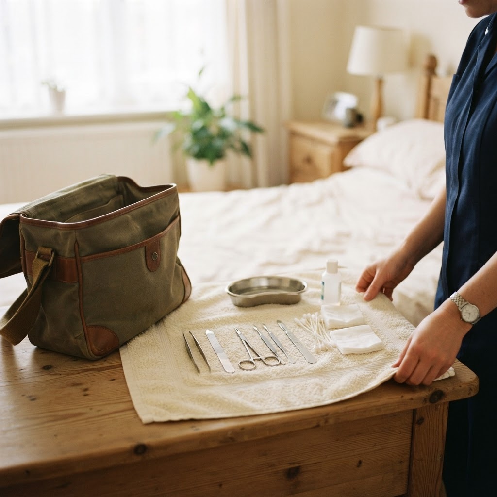 A nurse setting up tools for a calm, comfortable in-home foot care visit (placeholder image to replace)