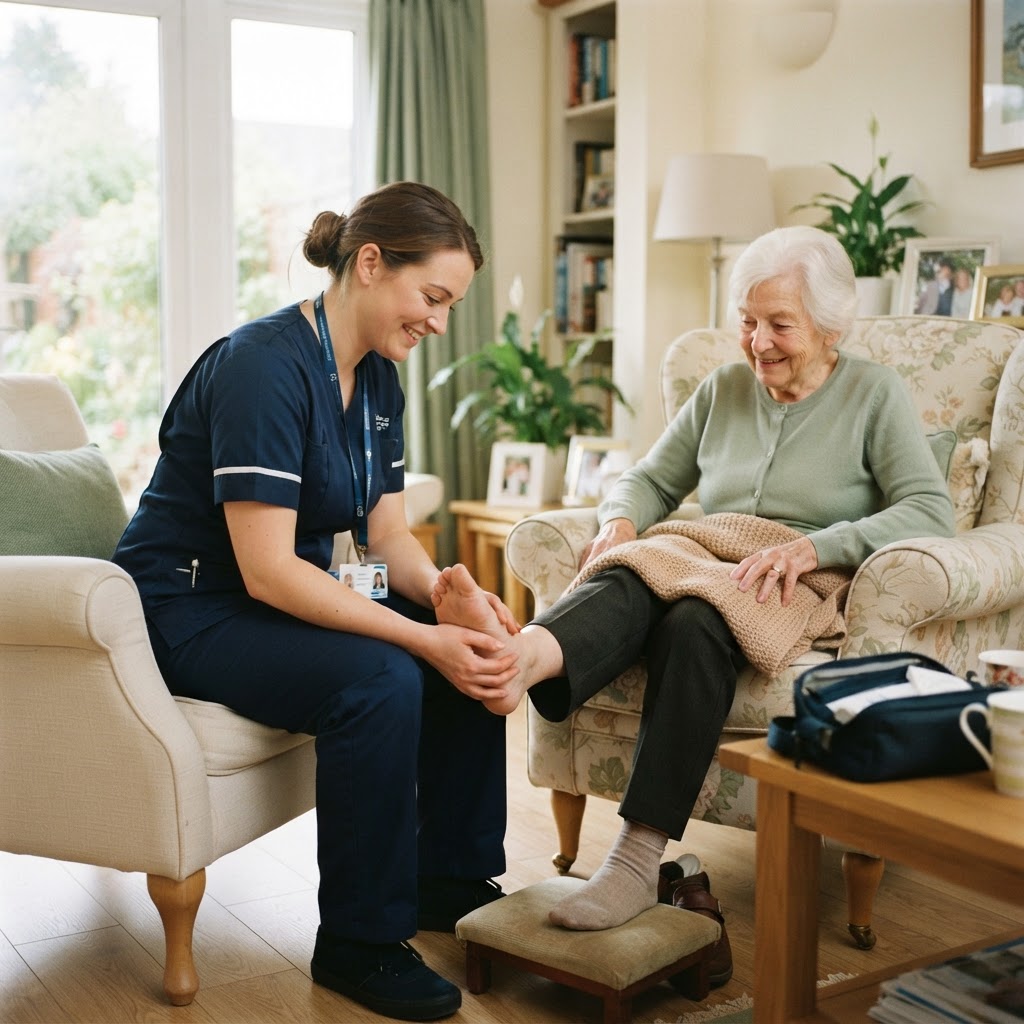 Nurse caring for an elderly patient in a warm home setting