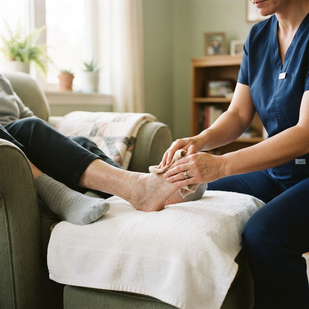 A nurse providing a medical pedicure during an in-home foot care visit (placeholder image to replace)