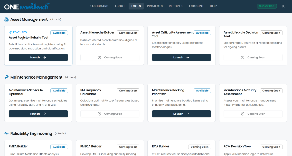 ONEWorkbench tools dashboard showing engineering tool categories