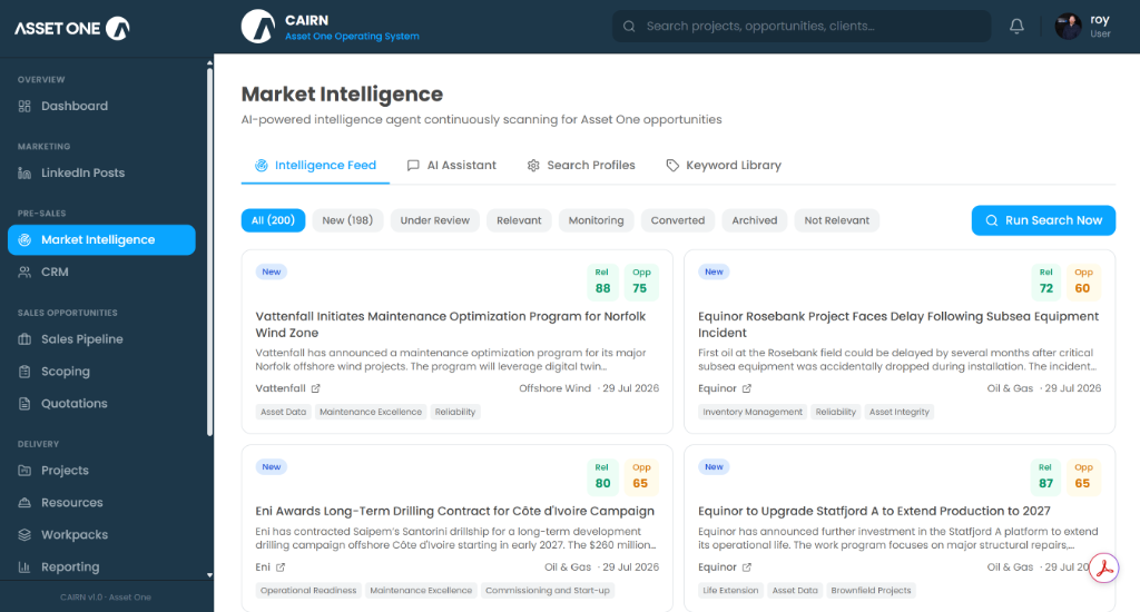 CAIRN Market Intelligence interface showing AI-powered opportunity feed