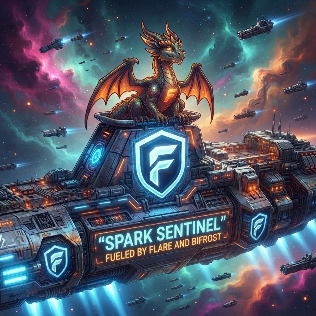 DRAK the dragon perched atop the Spark Sentinel ship, surveying a nebula full of drone craft