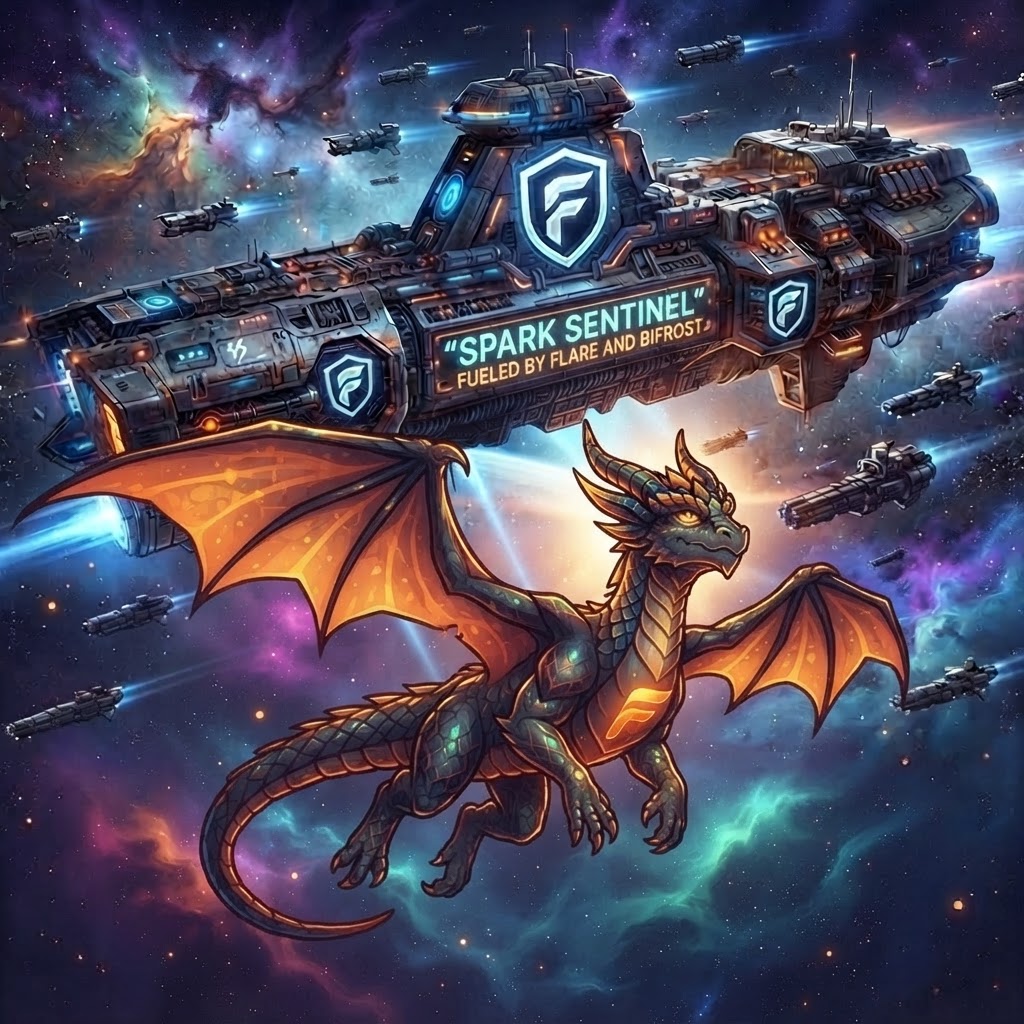 DRAK the dragon flying in front of the Spark Sentinel ship through a nebula, fueled by Flare and Bifrost