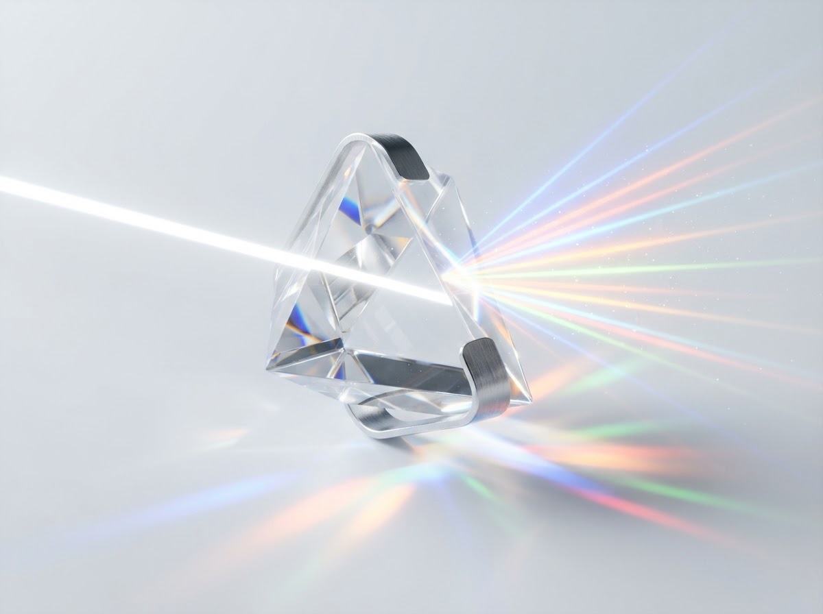 Abstract 3D glass prism refracting light beams