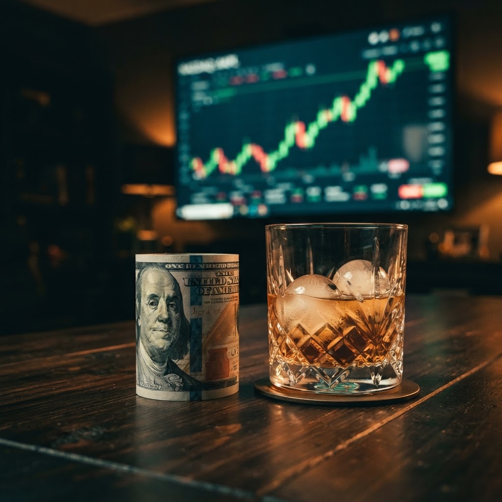 Símbolo de éxito financiero: dinero y whisky junto a un gráfico de trading alcista