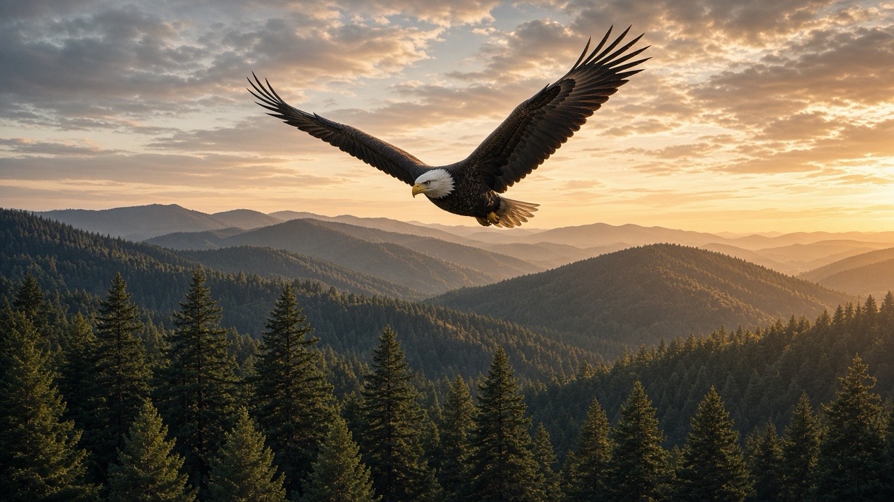 Bald eagle in flight over a Northern California mountain forest at golden hour