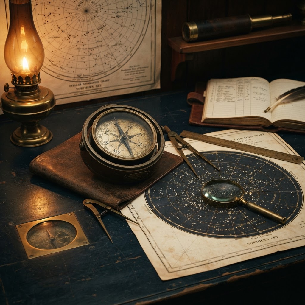 Antique brass compass and navigation instruments on a navy star chart, symbolizing strategic direction finding