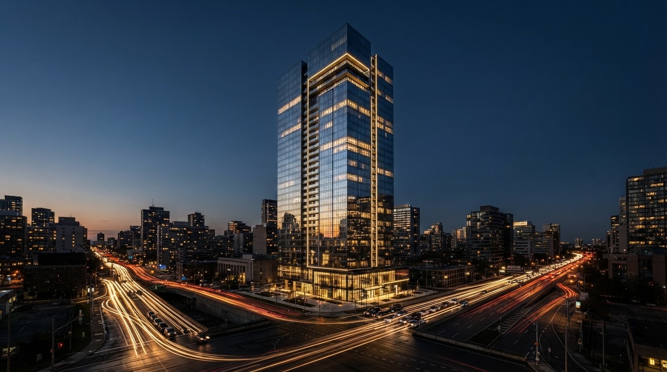 Modern glass architecture at blue hour with amber light trails