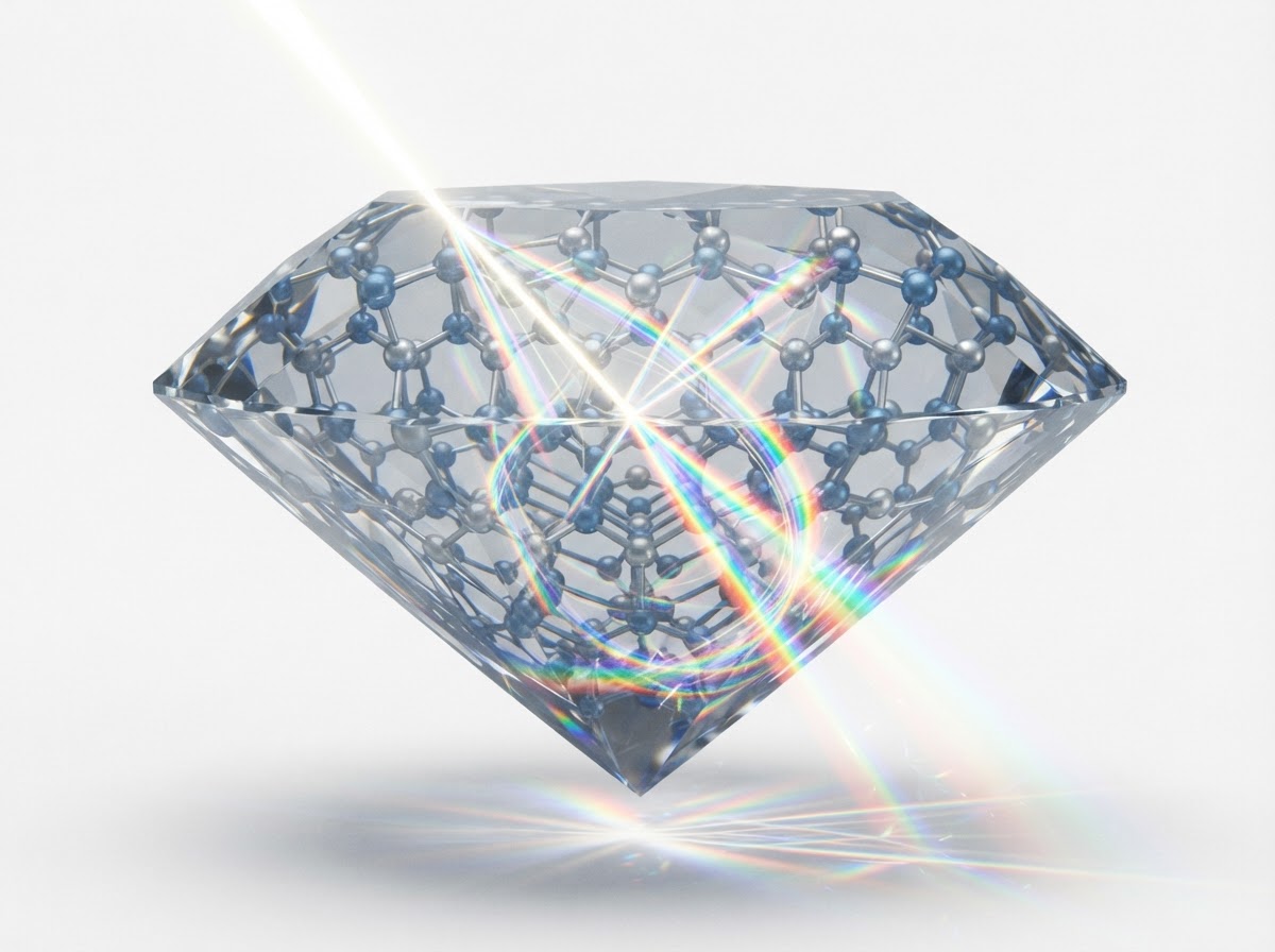 Visualization of Moissanite crystal structure showing light refraction through silicon carbide lattice
