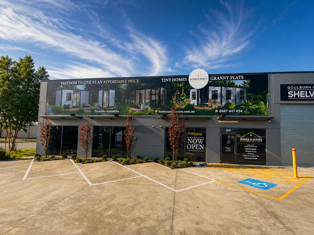 Homes & Domes Victoria showroom located at 109 Archer Street, Shepparton, featuring premium expandable cottages on display.