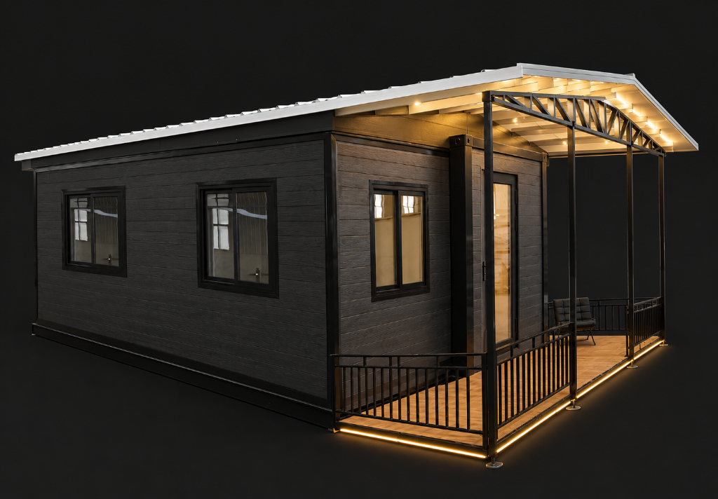 Architectural render of a modular cottage with a gable roof.