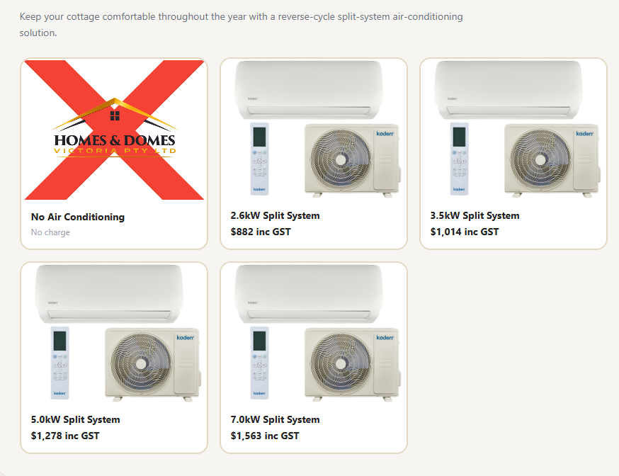 Reverse-cycle split-system air conditioner options from 2.6kW to 7.0kW.