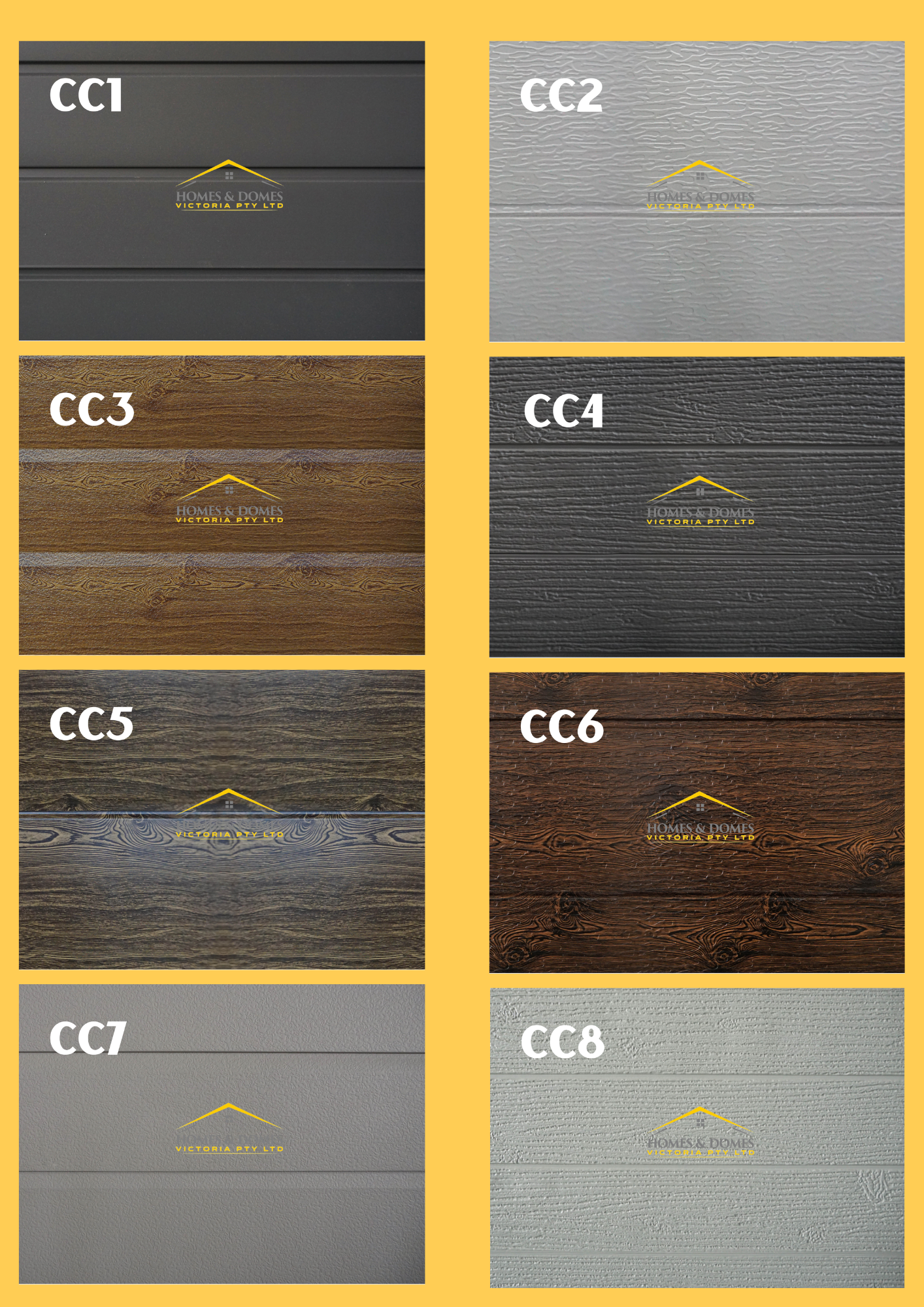 Cladding colour options CC1 to CC8 — dark charcoal, light grey, walnut, dark timber, ebony, mahogany, medium grey and soft grey.