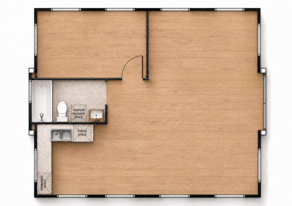 Catalyst One Bedroom — Comfortable single-bedroom layout with open-plan living and a compact kitchen and bathroom.